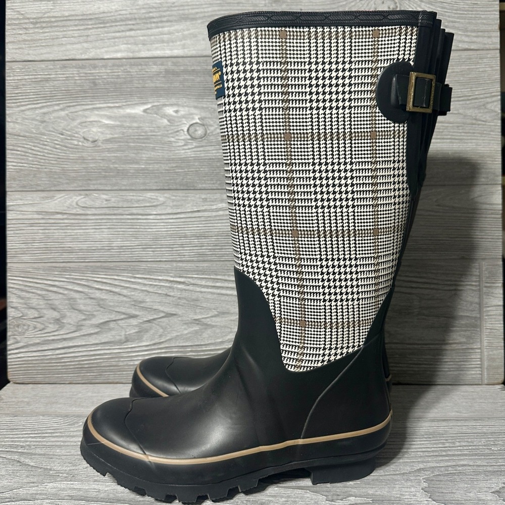 Pendleton Womens Houndstooth Rubber Rain Boots Black White Tall Size 9 Carnegie - Picture 2 of 9